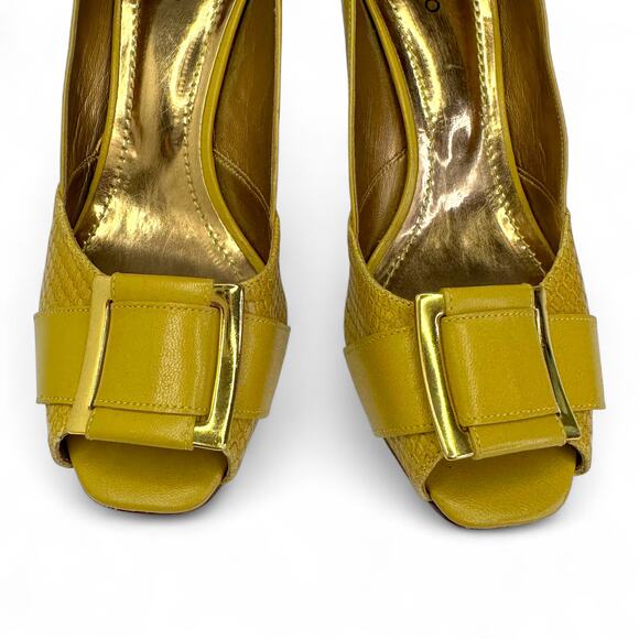 Klub Nico Women's Peep Toe Heels Size BZ 37 US 8 Mustard Yellow Square Buckle - Picture 4 of 13